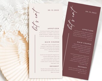 Carte menu Borgogna / Carta cena moderna stampabile per matrimonio, addio al nubilato / Modello carta menu matrimonio / Download istantaneo