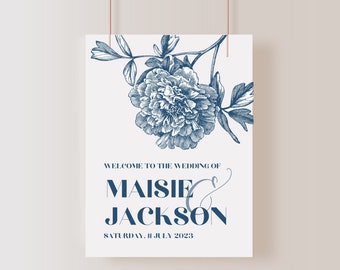 Navy Blue Wedding Welcome Sign | Oriental Floral Welcome Sign 18x24, 24x36  | Printable Wedding Welcome Template | Canva Template
