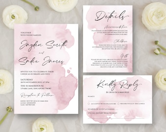 May include: Pink watercolor wedding invitation with the names Jayden Smith and Sade James, the date Saturday, 26th November 2022, at 5pm, and the location The Summerhouse, 3 Park Lane, Singapore 798387. The invitation also includes details about the reception and RSVP information.