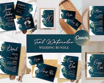 Teal Watercolor Wedding Invitation Bundle Template Set |  Printable Modern Wedding Invitation Suite | Edit with Canva | Instant download