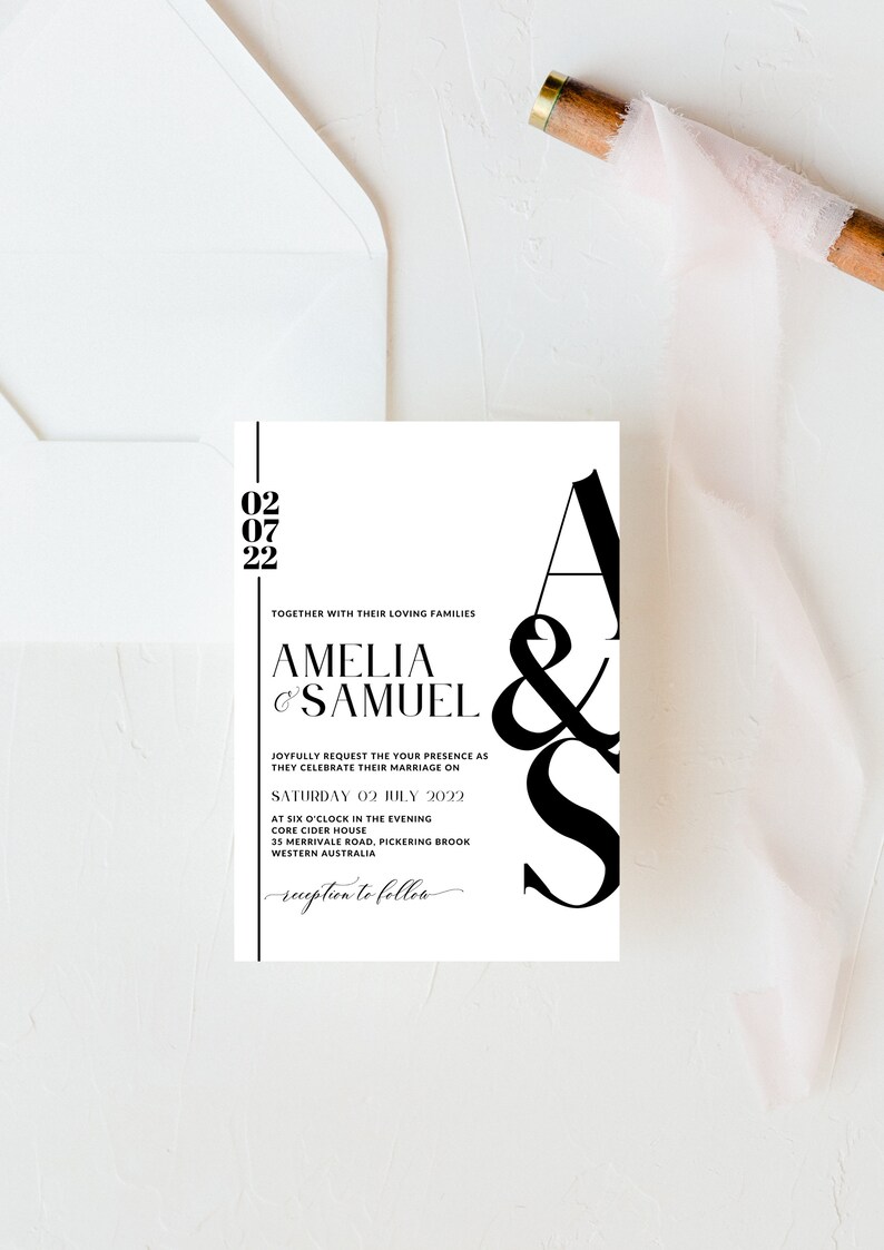 May include: Black and white wedding invitation with the date "02 07 22" and the names "Amelia & Samuel" printed on a white background. The text reads "Joyfully request the your presence as they celebrate their marriage on Saturday 02 July 2022 at six o'clock in the evening Core Cider House 35 Merrivale Road, Pickering Brook Western Australia reception to follow."