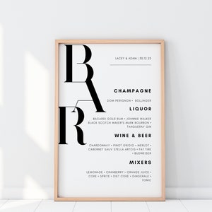 May include: A black and white printable sign with the word "BAR" in large letters. The sign lists different types of alcoholic beverages, including champagne, liquor, wine, beer, and mixers. The text "LACEY & ADAM | 30.12.23" is at the top of the sign.