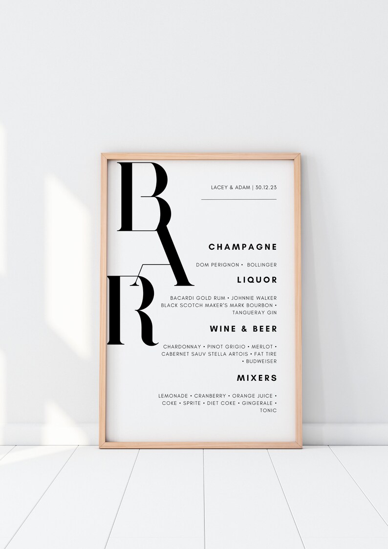 May include: A black and white printable sign with the word "BAR" in large letters. The sign lists different types of alcoholic beverages, including champagne, liquor, wine, beer, and mixers. The text "LACEY & ADAM | 30.12.23" is at the top of the sign.