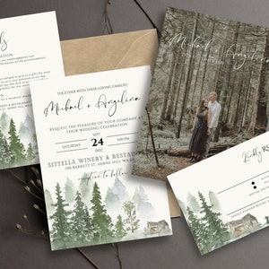 Forest Wedding Invitation Template | Woodland Wedding Invitation Set | Editable Printable Canva Template image 1