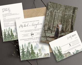 Plantilla de invitación de boda en el bosque / Conjunto de invitación de boda en el bosque / Plantilla de Canva imprimible editable
