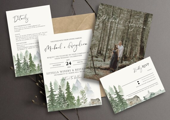 Forest Wedding Invitation Template | Woodland Wedding Invitation Set | Editable Printable Canva Template