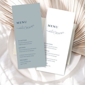 Tarjeta de menú de boda azul / Tarjeta de cena moderna imprimible para boda, novia, baby shower / Tarjetas de menú modernas minimalistas / Plantilla Canva