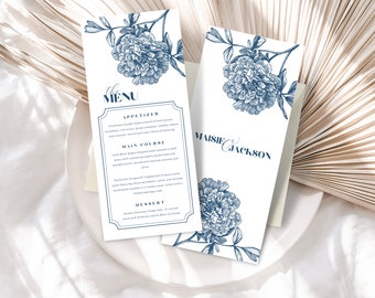 Navy Blue Menu Template | Oriental Floral Menu Card | Floral Wedding Menu Template | Wedding Decor | Blue Floral Menu Cards | Canva Template