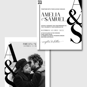 May include: Black and white wedding invitation with the couple's names, Amelia and Samuel, and the date of their wedding, Saturday, July 2, 2022. The invitation includes the location of the wedding, Core Cider House, 35 Merrivale Road, Pickering Brook, Western Australia.