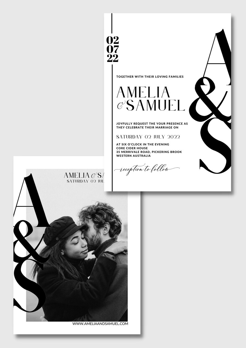 May include: Black and white wedding invitation with the couple's names, Amelia and Samuel, and the date of their wedding, Saturday, July 2, 2022. The invitation includes the location of the wedding, Core Cider House, 35 Merrivale Road, Pickering Brook, Western Australia.