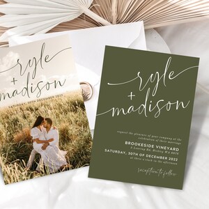 May include: A wedding invitation with a green background and white text. The invitation reads "Ryle + Madison" and includes the date and location of the wedding. The invitation also features a photo of the couple.