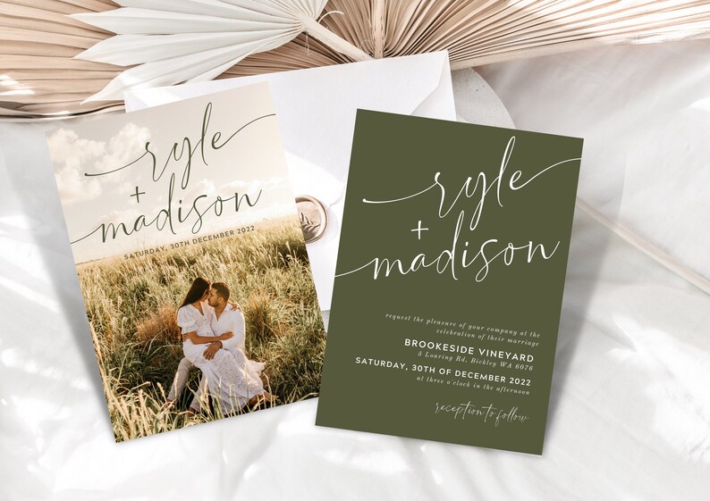 May include: A wedding invitation with a green background and white text. The invitation reads "Ryle + Madison" and includes the date and location of the wedding. The invitation also features a photo of the couple.