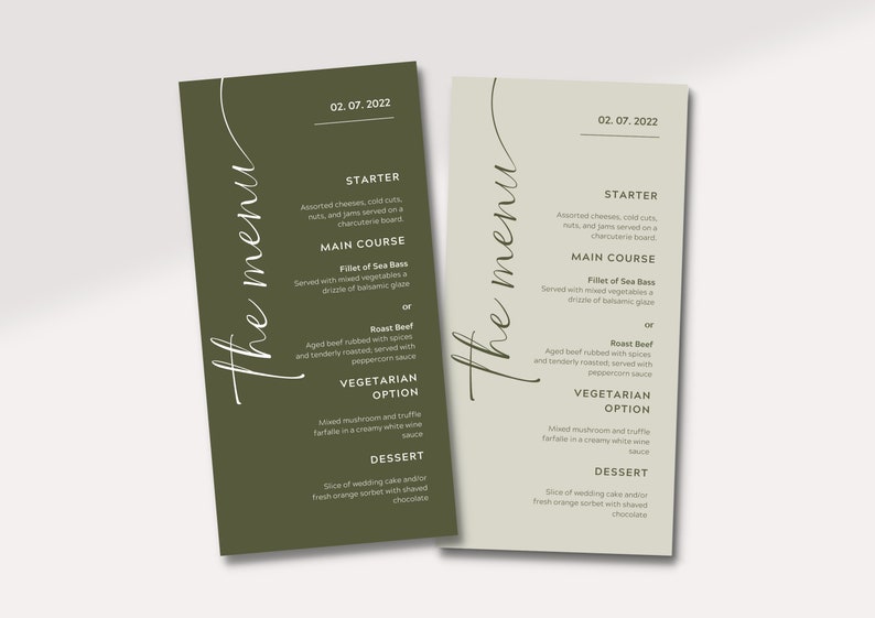 Olive Green Wedding Menu Template Printable Modern Dinner Etsy