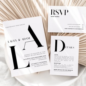 May include: A wedding invitation suite with a modern design. The invitation features the couple's names, "Lacey & Adam", in bold black letters. The RSVP card includes a section for guest names and options to accept or decline the invitation. The details card provides information about the wedding date, time, location, and gift preferences.