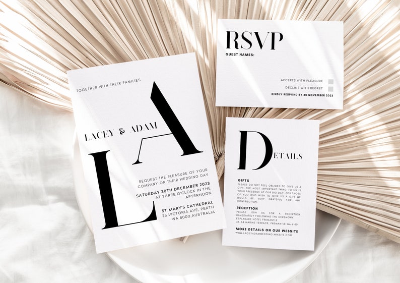 May include: A wedding invitation suite with a modern design. The invitation features the couple's names, "Lacey & Adam", in bold black letters. The RSVP card includes a section for guest names and options to accept or decline the invitation. The details card provides information about the wedding date, time, location, and gift preferences.