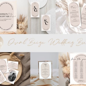 Oval Wedding Invitations Bundle | Elegant Oval Beige Wedding Set | Boho Beige Wedding suite | Instant Download | Canva Template