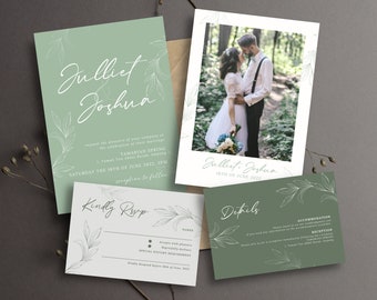 Sage Wedding Invitation Set | Floral Green Wedding Invitation Template | Canva Template | Instant Download