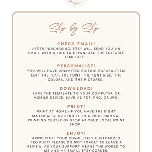May include: A step-by-step guide for using an Etsy digital download. The steps include checking email, personalizing, downloading, printing, and enjoying the product. The text is in a brown font on a white background.