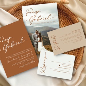 Terracotta Wedding Invitation Set | Boho Photo Wedding Invitation Template | Printable Editable Canva Template
