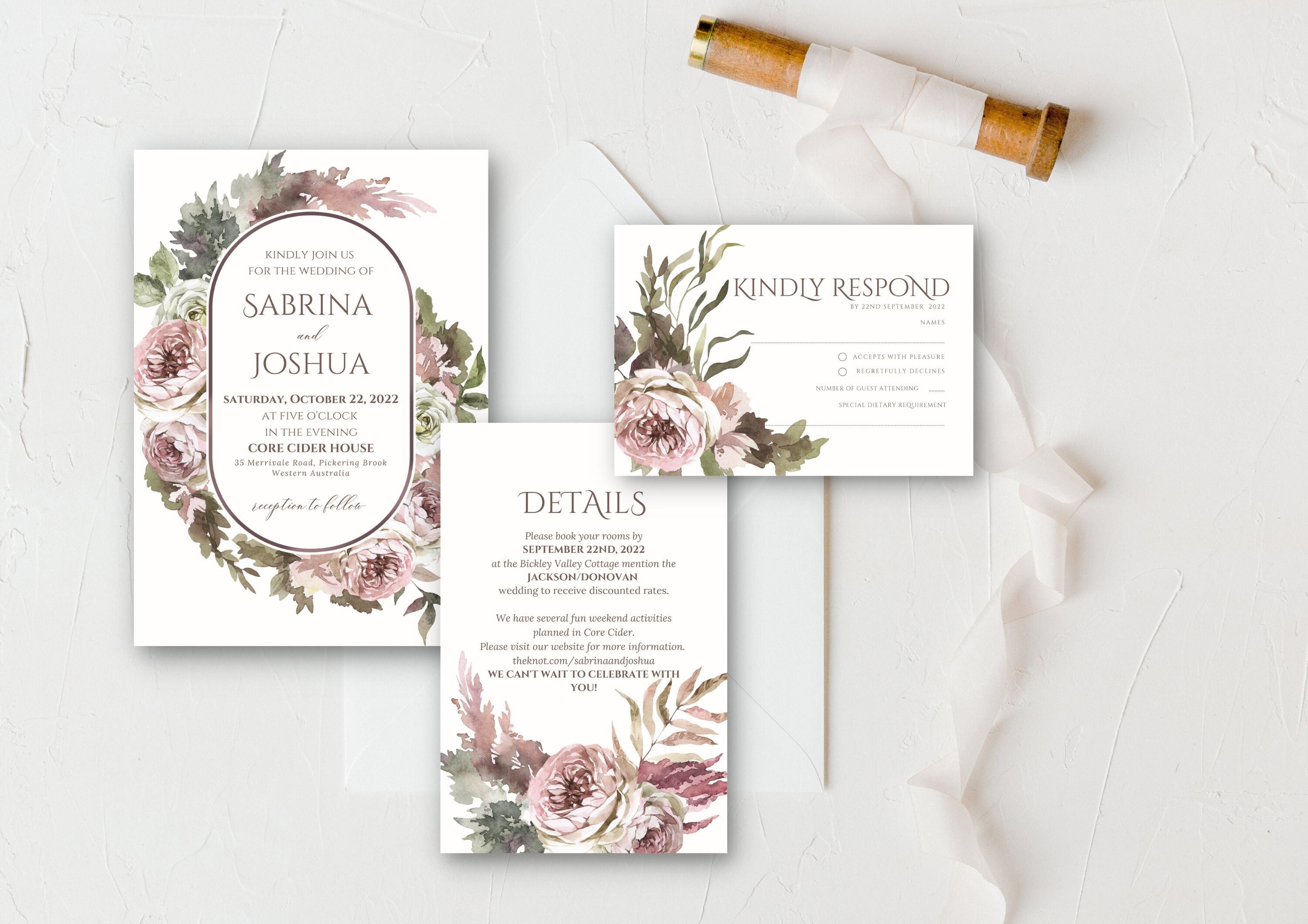 Floral Mauve Blush Wedding Invitation Template | Elegant Dusty Rose Invite | | Instant download | Canva Template