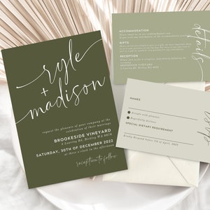 May include: A green wedding invitation with white calligraphy that reads "ryle + madison" and details for the wedding reception at Brookside Vineyard on Saturday, December 30th, 2022. A matching RSVP card with a green background and white text.