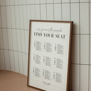 May include: A white seating chart with a brown wooden frame. The chart has the text "our favourite people FIND YOUR SEAT" at the top. The chart lists names and table numbers for a wedding reception. The bottom of the chart reads "LACEY & ADAM 30.12.2023".