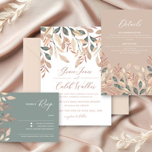 Blush Greenery Wedding Invitation Template | Floral Blush Sage Invitation | Printable  Editable Wedding Canva Template