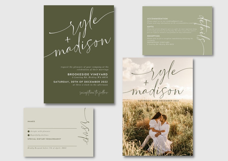 May include: A wedding invitation suite with a green and beige color scheme. The invitation features the names "Ryle + Madison" in white script font. The invitation details the wedding date, time, and location. The RSVP card features a simple design with a space for guests to provide their names and any dietary requirements.