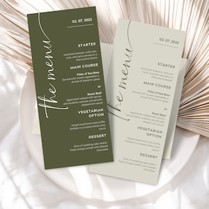 Olivgrün Hochzeit Menü Vorlage | Druckbare Moderne Dinner Karte für Hochzeit, Brautpaar, Baby Party | Olive Menükarten | Canva Vorlage