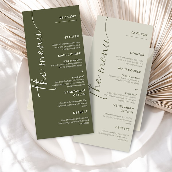 Olive Green Wedding Menu Template | Printable Modern Dinner Card for Wedding, Bridal, Baby Shower | Olive Menu Cards | Canva Template