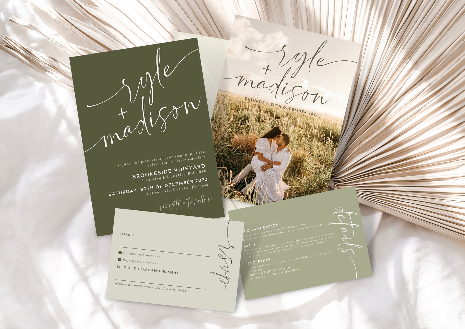 Olive Green Wedding Invitation Suite Modern Minimalist Invitation