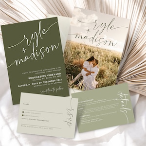 May include: A set of three wedding invitation cards with a green and white color scheme. The cards feature the names "Ryle + Madison" in a handwritten font and the date "Saturday, 30th of December 2022". The cards also include details about the wedding venue, Brooksside Vineyard, and the reception to follow.
