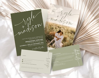 Olive Green Wedding Invitation Suite | Modern Minimalist Invitation Template | Sage Green Invitation Set | Editable Printable Canva Template