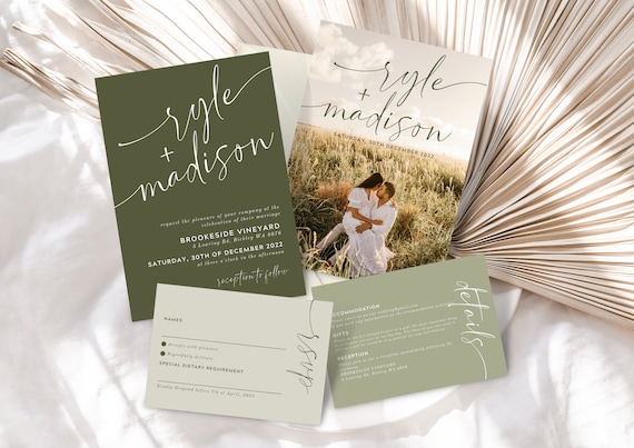 Olive Green Wedding Invitation Suite | Modern Minimalist Invitation Template | Sage Green Invitation Set | Editable Printable Canva Template