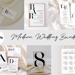 May include: A set of printable wedding stationery templates in a modern style with black and white typography. The templates include an invitation, RSVP card, details card, bar menu, seating chart, and table number cards. The templates are designed to be printed at home or at a professional print shop.