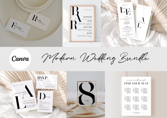 Modern Wedding Bundle | Minimalist Wedding Invitation Suite | Monochrome Invitation Template Set | Editable Wedding Stationary