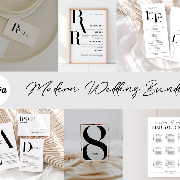 Modern Wedding Bundle | Minimalist Wedding Invitation Suite | Monochrome Invitation Template Set | Editable Wedding Stationary