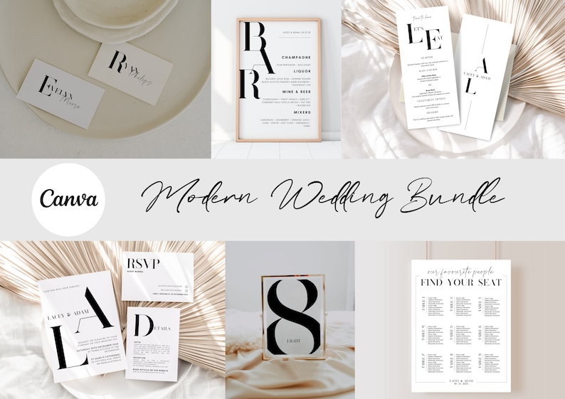 May include: A set of printable wedding stationery templates in a modern style with black and white typography. The templates include an invitation, RSVP card, details card, bar menu, seating chart, and table number cards. The templates are designed to be printed at home or at a professional print shop.