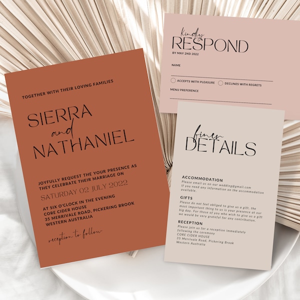 Blush Terracotta Wedding Invitation Suite | Minimalist Terracotta and Blush Invite | Printable Modern Invitation