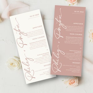 Szablon menu weselnego Dusty Rose | Menu kolacji weselnej Dusty Pink Modern | Edytowalny, drukowany szablon Canva