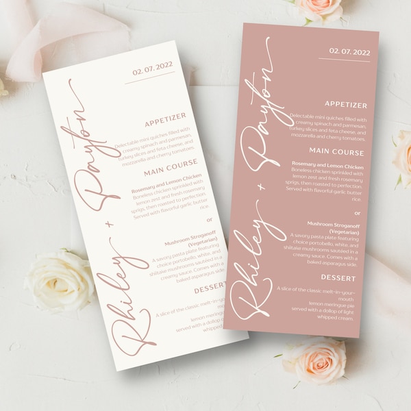 de Menu de mariage rose cendré | Menu du dîner de mariage moderne rose poudré | Modèle de toile imprimable modifiable