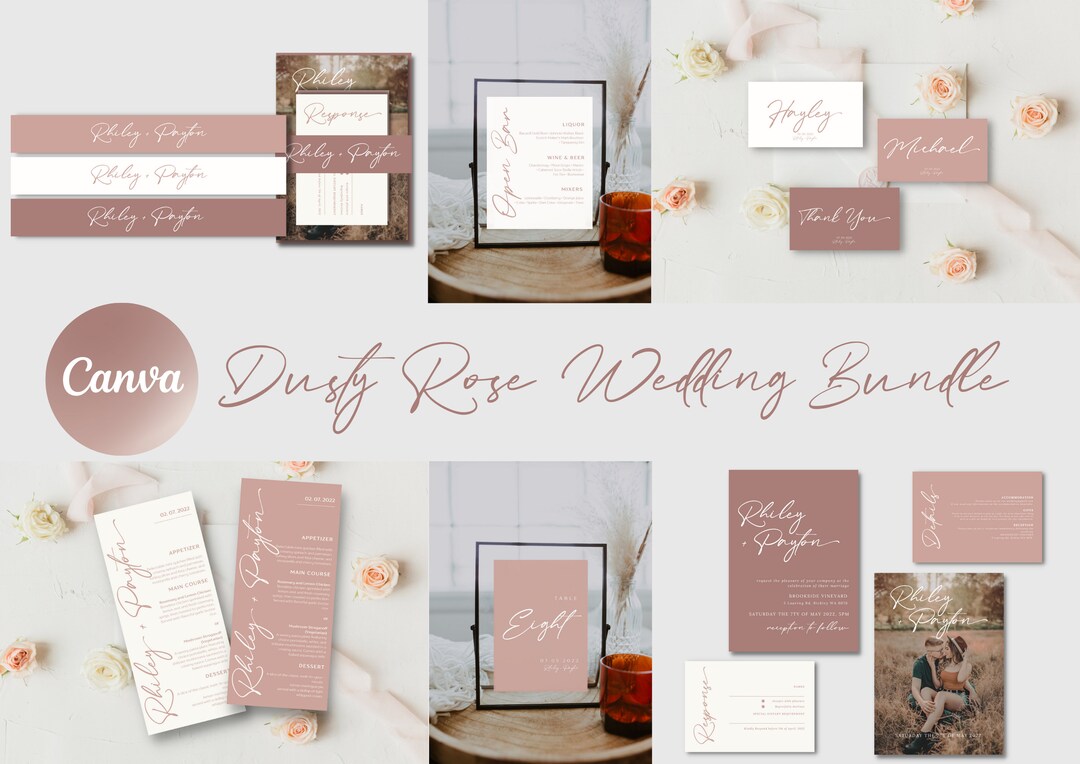 Dusty Rose Wedding Invitation Template Bundle Dusty Pink Minimalist