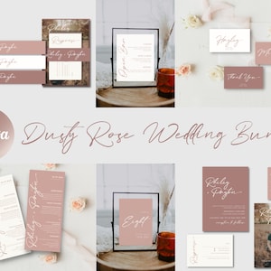 Dusty Rose Wedding Invitation Template Bundle | Dusty Pink Minimalist Wedding Suite | Instant download | Canva Template
