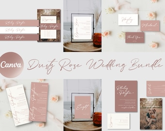 Dusty Rose Wedding Invitation Template Bundle | Dusty Pink Minimalist Wedding Suite | Instant download | Canva Template
