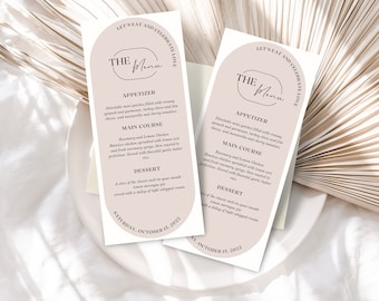 Modello di menu di nozze ovale / Modello di menu di nozze moderno / Carta di menu di nozze beige / Decorazione di nozze / Modello Canva stampabile