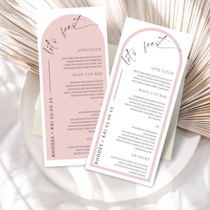 Modello di menu ad arco / Carta da cena moderna rosa polvere per matrimonio, sposa, baby shower / Carte del menu / Menu della festa