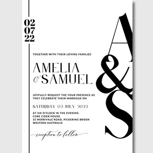 May include: Black and white wedding invitation with the date "02 07 22" and the names "Amelia & Samuel". The invitation announces a wedding ceremony on Saturday, July 2, 2022, at six o'clock in the evening at Core Cider House, 35 Merrivale Road, Pickering Brook, Western Australia. The invitation also includes the text "reception to follow".