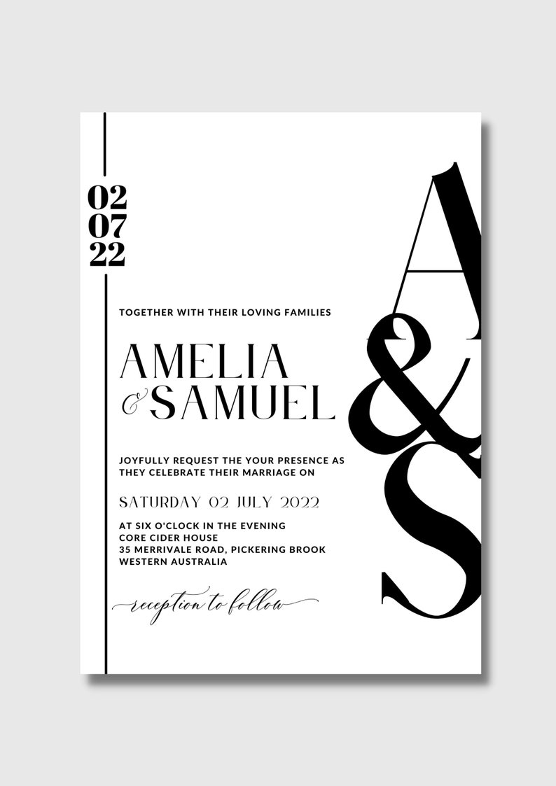 May include: Black and white wedding invitation with the date "02 07 22" and the names "Amelia & Samuel". The invitation announces a wedding ceremony on Saturday, July 2, 2022, at six o'clock in the evening at Core Cider House, 35 Merrivale Road, Pickering Brook, Western Australia. The invitation also includes the text "reception to follow".