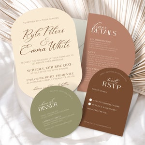 Può includere: Un set di inviti di nozze in tonalità pesca, marrone e verde. L'invito principale presenta i nomi "Ryle Peters & Emma White" in una calligrafia elegante. La carta RSVP ha una forma ad arco arrotondata e dice "kindly RSVP".