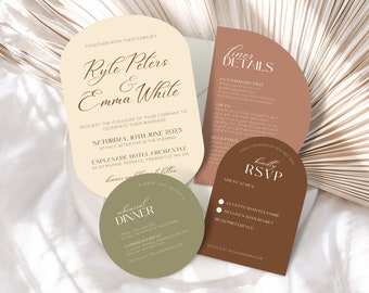 Earth Tones Wedding Invitation Suite | Arch Wedding Stationary | Die Cut Invitations | Modern Arch Wedding Templates | Canva Template